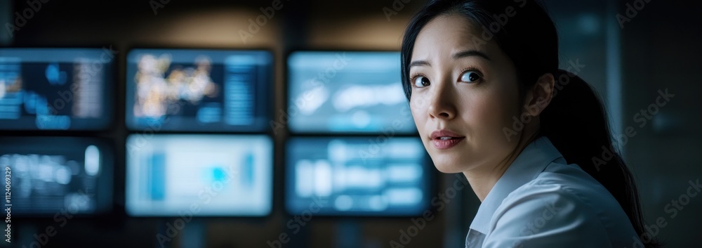 Poster A focused professional in a dimly lit room with multiple screens displaying data.