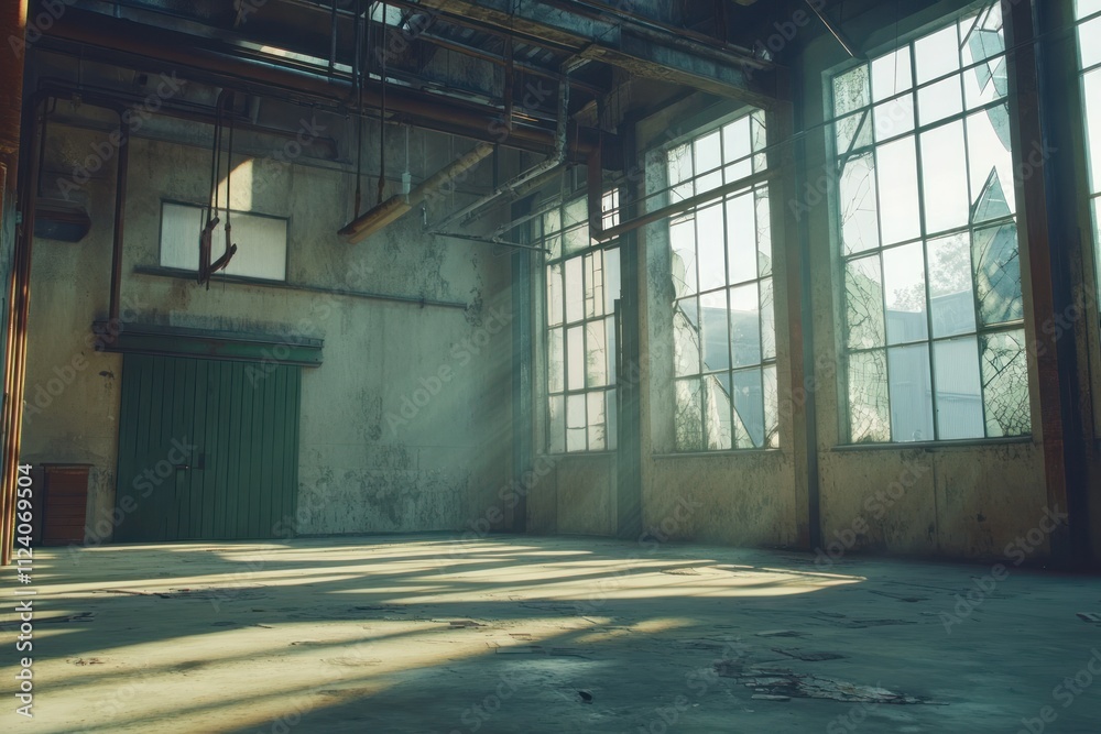 Aufkleber an abandoned industrial space with sunlight streaming through broken windows.