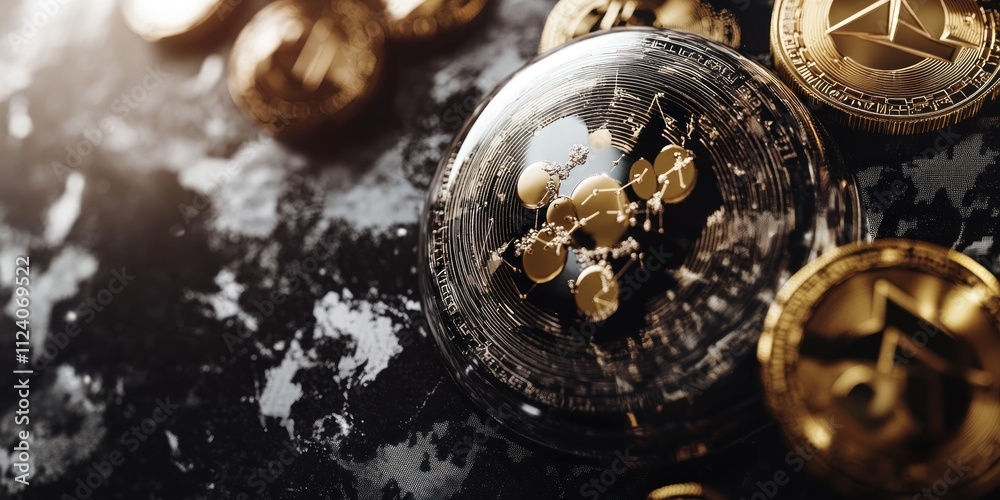 Poster a close-up of digital coins representing cryptocurrency on a textured surface.