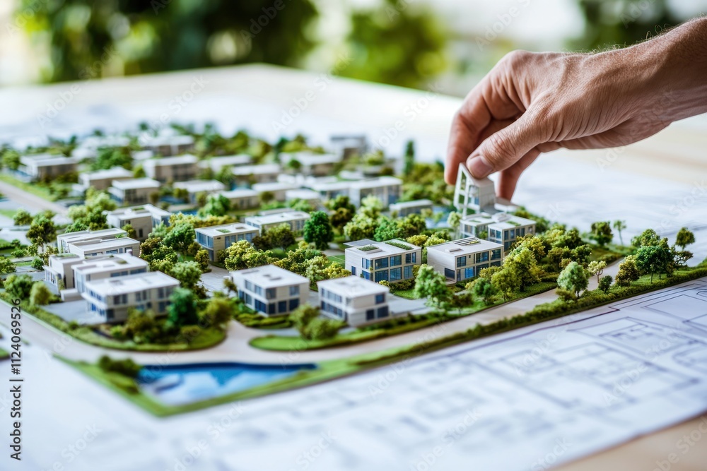 Aufkleber a hand places a building model in a detailed architectural layout of a housing development.