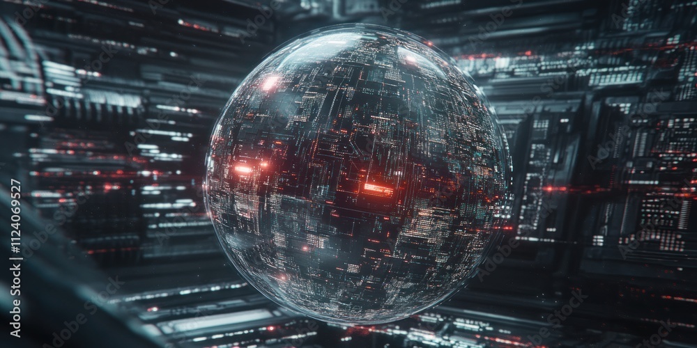 Aufkleber a futuristic, spherical structure surrounded by a digital network, suggesting advanced technology.