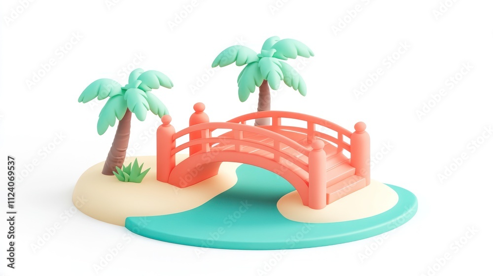 Poster a colorful 3d model of a bridge surrounded by palm trees and water, evoking a tropical scene.