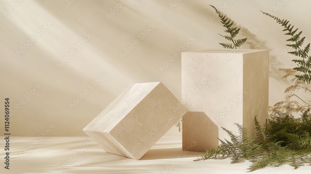 Poster A minimalist arrangement of geometric shapes with ferns on a soft background.