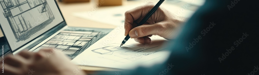 Poster a person sketches architectural designs using a laptop and paper.