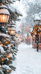 Winter wonderland with snow-laden trees and glowing lanterns