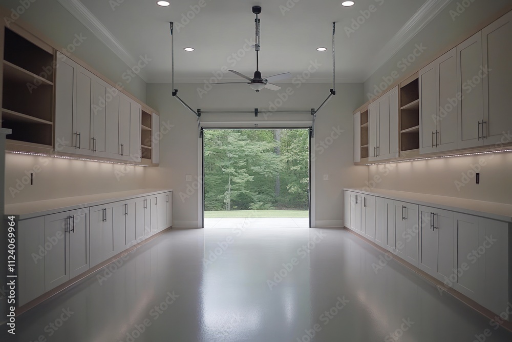 Poster spacious garage with cabinetry and a large opening to a green view outside.