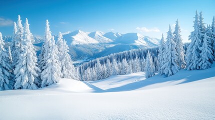 Obraz premium Snow-covered landscape with tall trees and mountains under a clear blue sky.