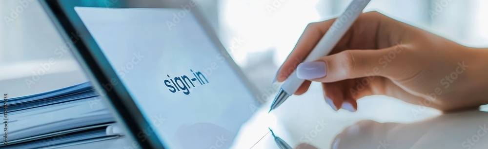 Aufkleber a hand holding a pen above a tablet screen displaying a sign-in prompt.