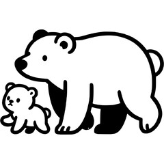 Polar bear mother and her cub walking in monochrome. Simple minimalistic vector in black ink drawing on transparent background