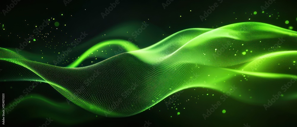 Poster Abstract green wave design with smooth flowing lines and glowing particles.