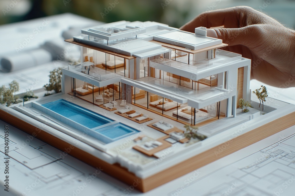 Poster a detailed architectural model of a modern house with a pool, showcasing design elements.