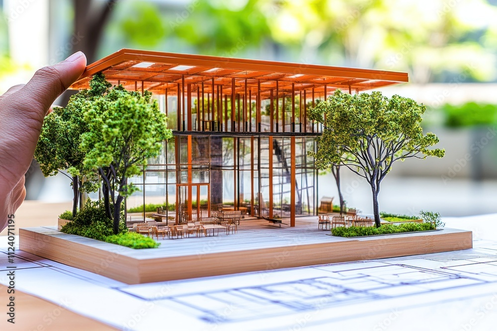 Aufkleber a detailed architectural model showcasing a modern building surrounded by trees and greenery.