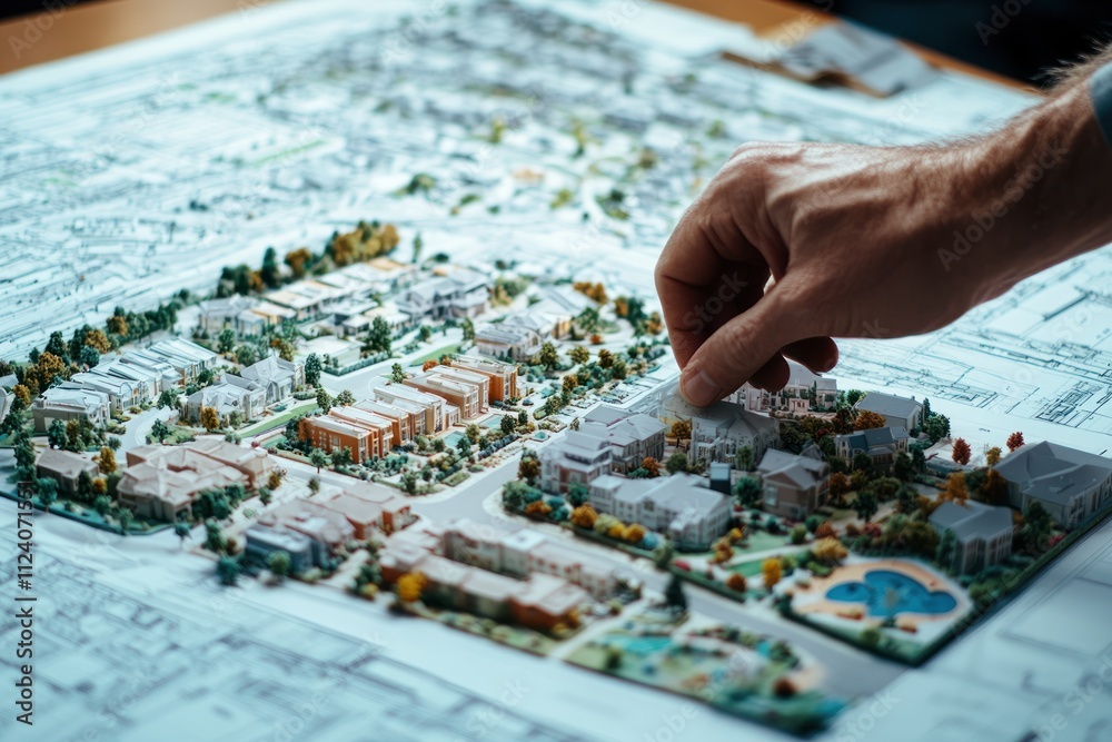 Poster A hand interacts with a detailed architectural model of a residential development.