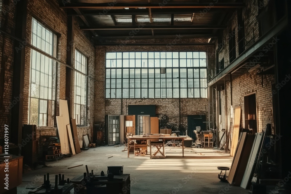 Poster a spacious workshop filled with tools and materials, illuminated by large windows.