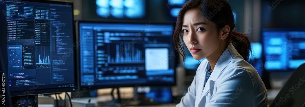 Poster A focused scientist working with data on multiple screens in a high-tech environment.
