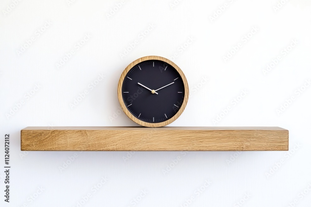 Poster a minimalist wooden shelf with a round black clock displayed against a white wall.