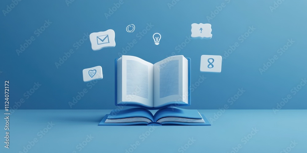 Poster An open book with floating icons representing communication and ideas.
