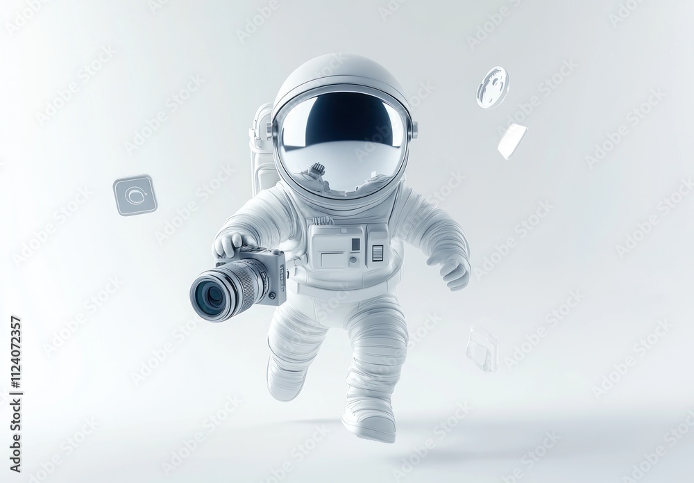 Aufkleber a whimsical astronaut holding a camera, surrounded by floating icons in a minimalist setting.