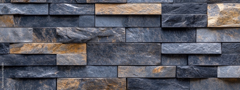 Poster a textured wall made of dark and light stone tiles arranged in a modern pattern.