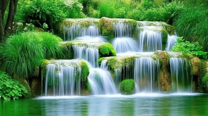 Fototapeta premium Serene Waterfall Cascading Over Lush Green Rocks in Nature Scene