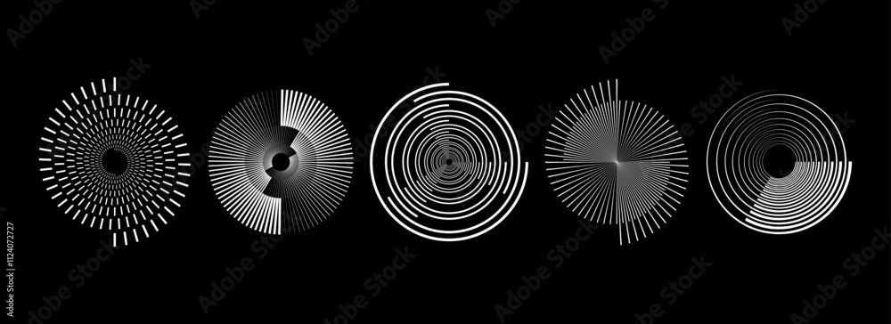 Poster White radial spiral pattern set. Circular spinning speed line form collection. Rotating circle sound wave concept. Abstract sunburst ray or beam element pack for icon, badge, logo, tag, label. Vector