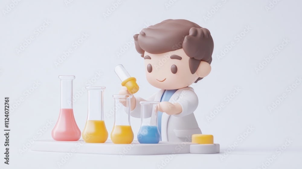 Poster a cartoon scientist mixes colorful liquids in a lab setting.