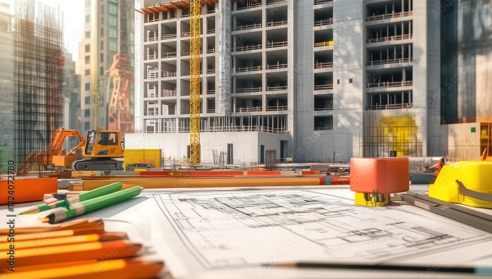 Poster construction site with blueprints and tools, showcasing building progress and planning.