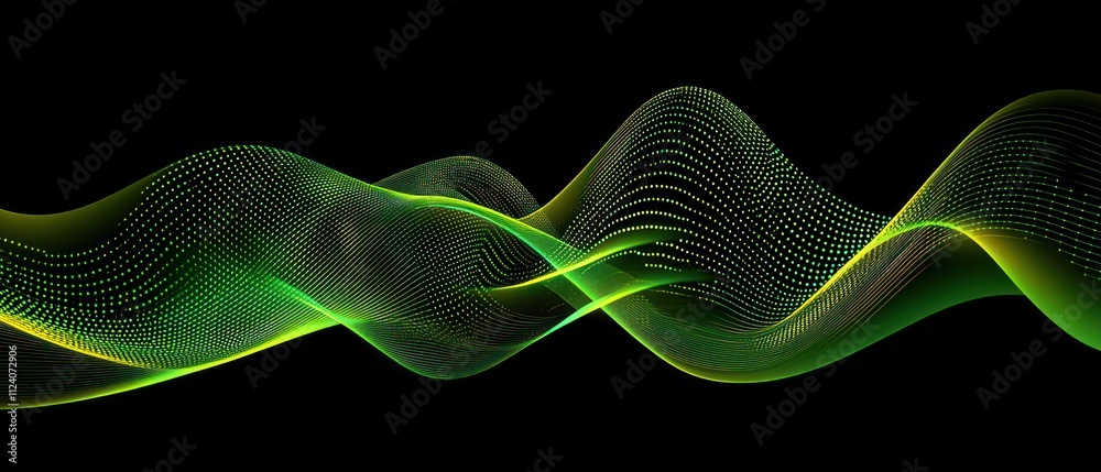 Poster abstract digital wave design in green and yellow on a black background.