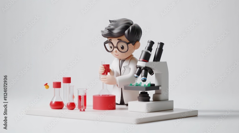 Aufkleber a young scientist conducts experiments with lab equipment and a microscope in a playful setting.