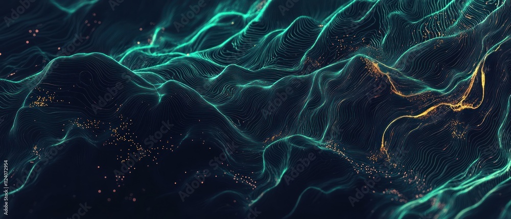 Poster Abstract visualization of flowing waves with glowing lines and dynamic patterns.