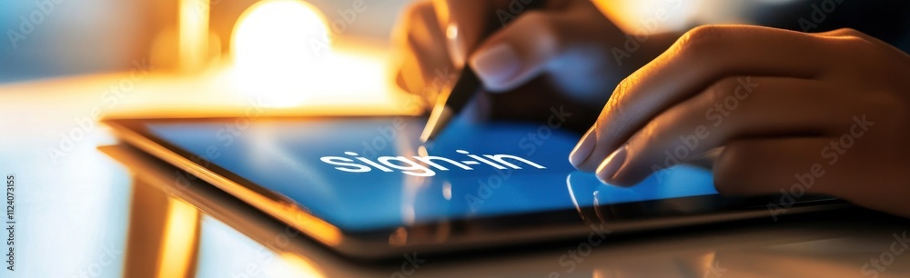 Poster A person signing in on a tablet using a stylus in a dimly lit environment.