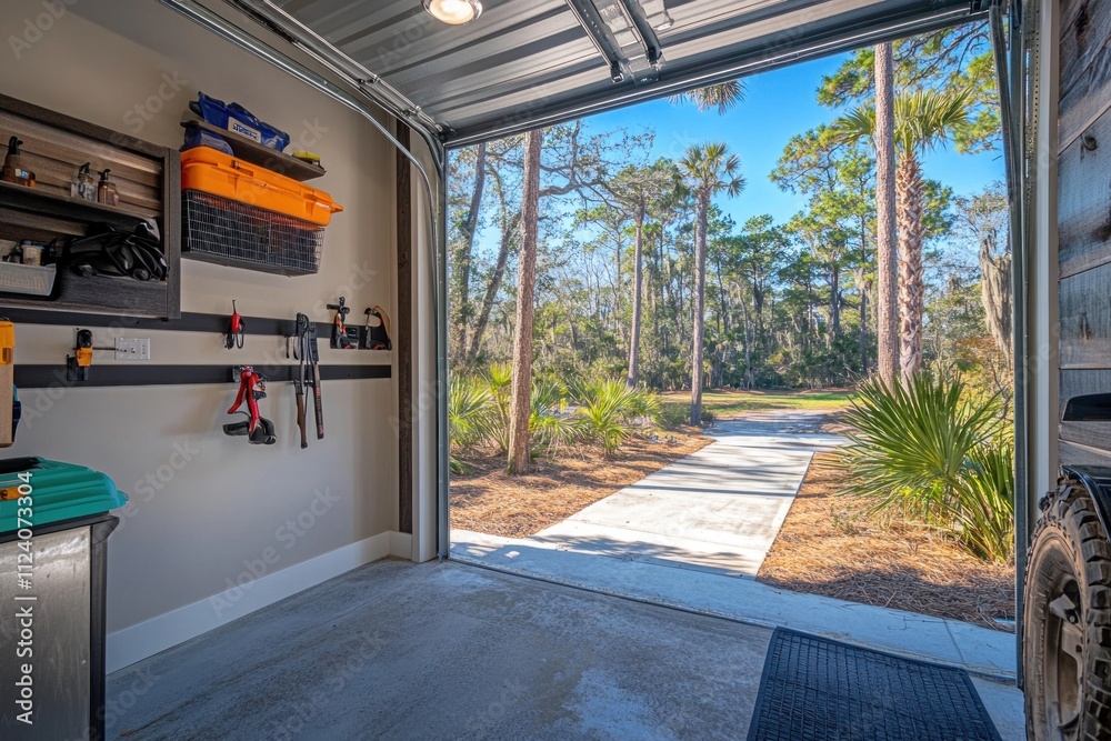 Poster a well-organized garage with tools and a view of a sunny pathway and trees outside.