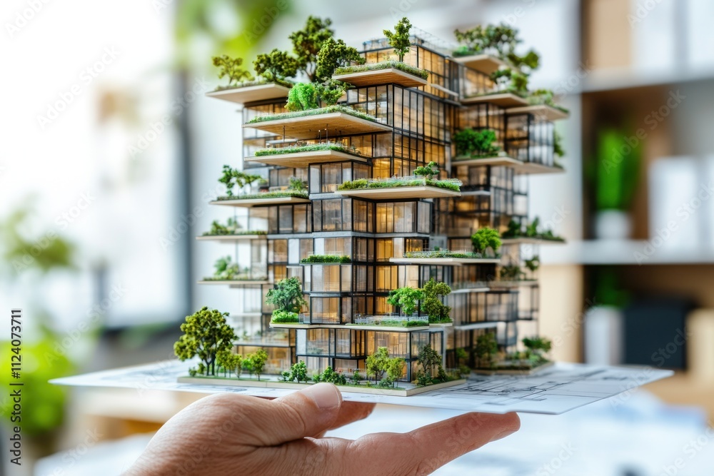 Poster a hand holds a detailed architectural model of a modern building with greenery.