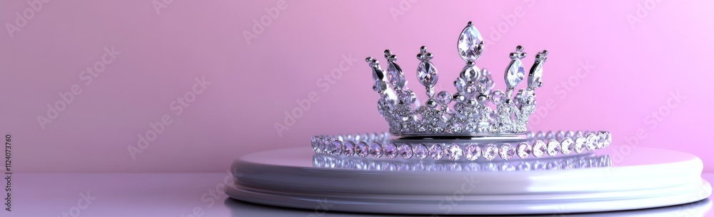 Poster a sparkling crown displayed on a pedestal against a soft pink background.