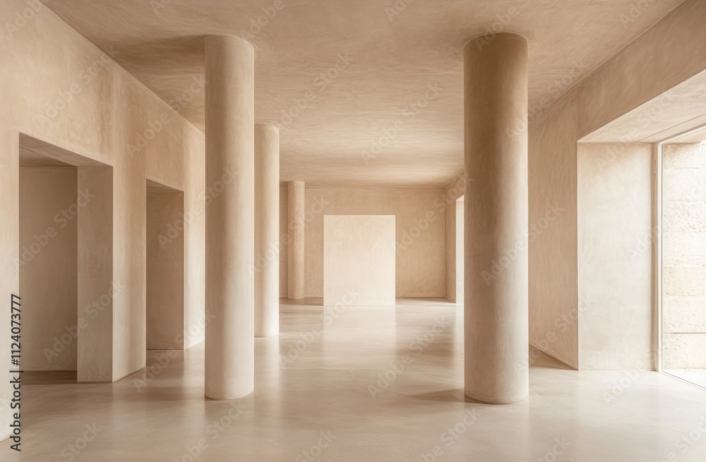 Aufkleber A minimalist interior space with smooth walls and columns, emphasizing simplicity and light.