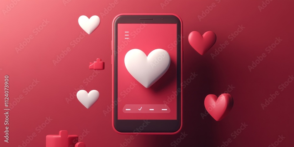 Aufkleber A smartphone displaying a heart graphic surrounded by floating heart shapes in a vibrant setting.