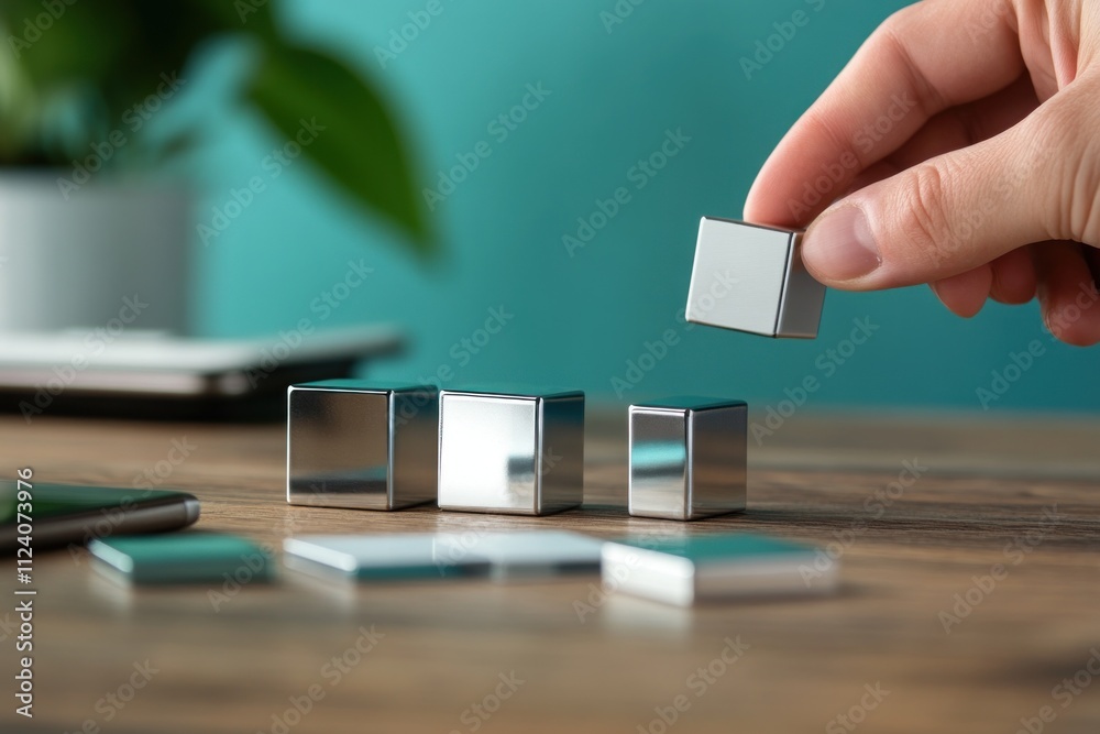 Aufkleber a hand holds a metallic cube above several similar cubes on a wooden surface.