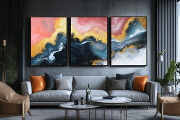 Abstract gold and blush pink art print; three panels. Ideal for modern home decor, adding a touch of luxury and sophistication to living spaces.