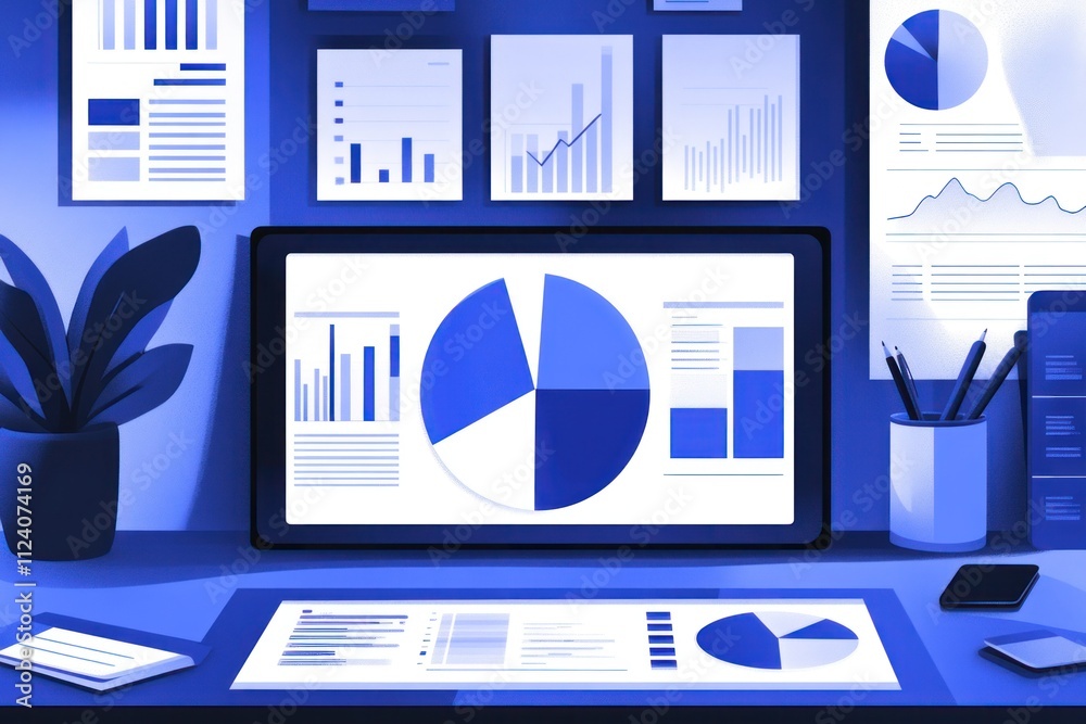 Poster A workspace featuring data visualizations and graphs on screens and papers.