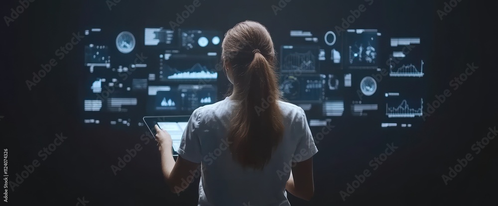 Fototapete a person interacting with digital data displays in a high-tech environment.