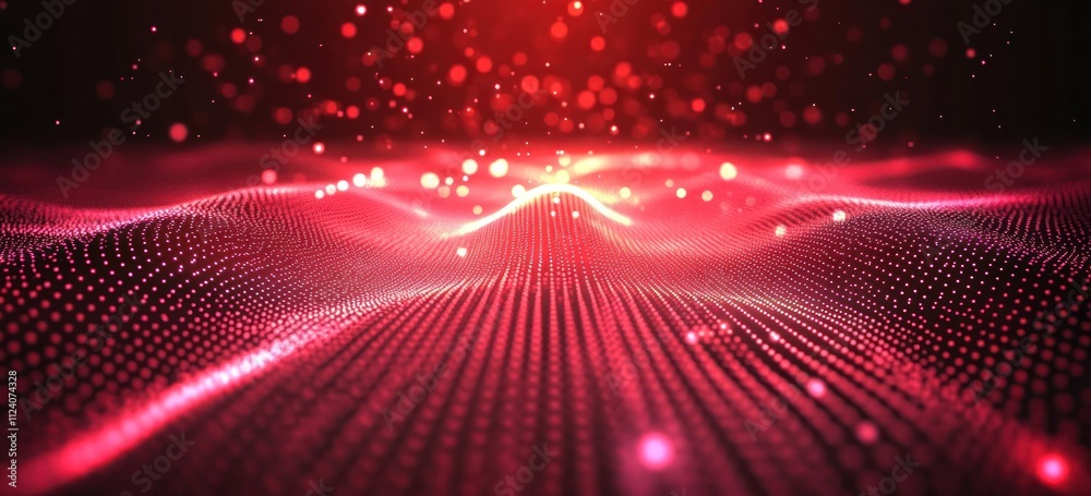Poster Abstract visualization of flowing red waves with sparkling particles.