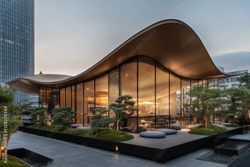 Poster A modern architectural building with a flowing roof design and lush greenery surrounding it.