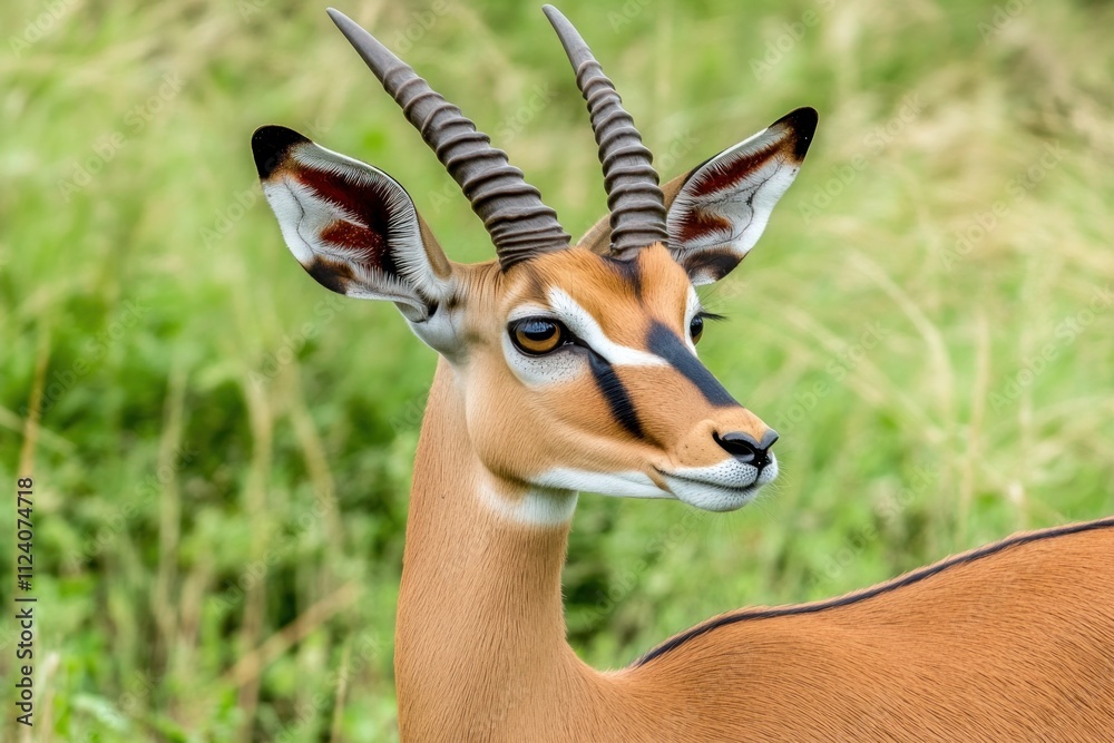 Poster a close-up of a graceful antelope with striking features in a natural setting.