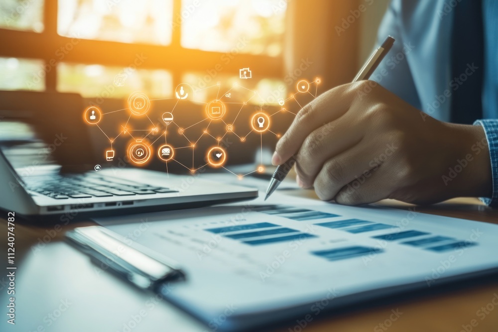 Poster A person analyzing data on a laptop with charts and digital icons representing connectivity.