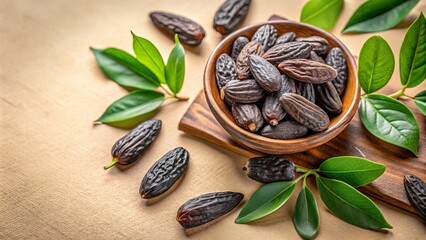 Tonka Beans and Green Leaves on Light Beige Background for Pastry and Confectionery Business, Ideal for Cooking, Baking, and Aroma Use with Healthy Food Focus