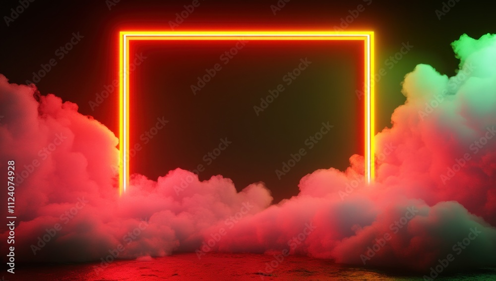 Aufkleber A glowing neon frame surrounded by colorful clouds, creating a surreal, dreamlike atmosphere.