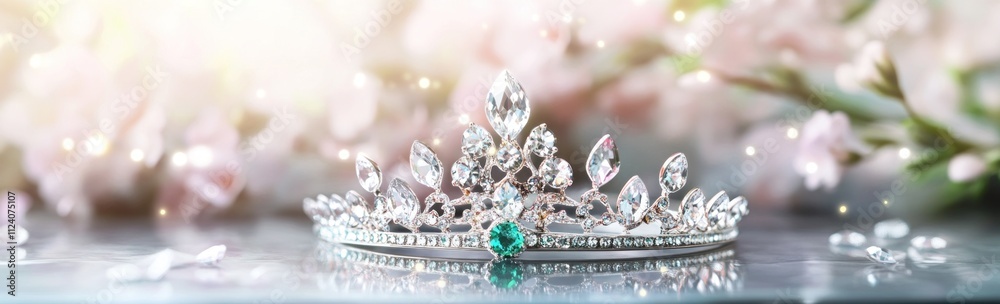 Poster a sparkling tiara adorned with gems, set against a backdrop of soft flowers.