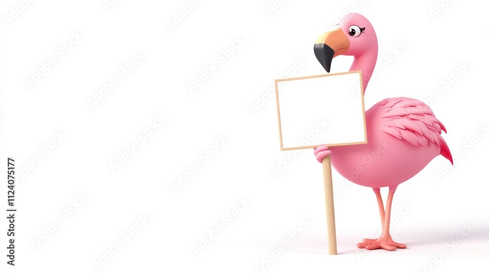 Aufkleber a cartoon flamingo holding a blank sign, ready for customization or messaging.