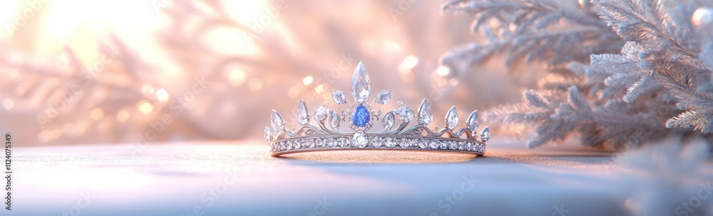 Poster a delicate tiara adorned with sparkling jewels, resting elegantly on a soft surface.