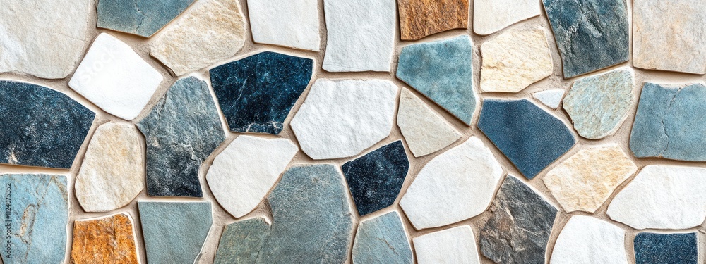 Poster a textured wall made of various stones in different colors and shapes.
